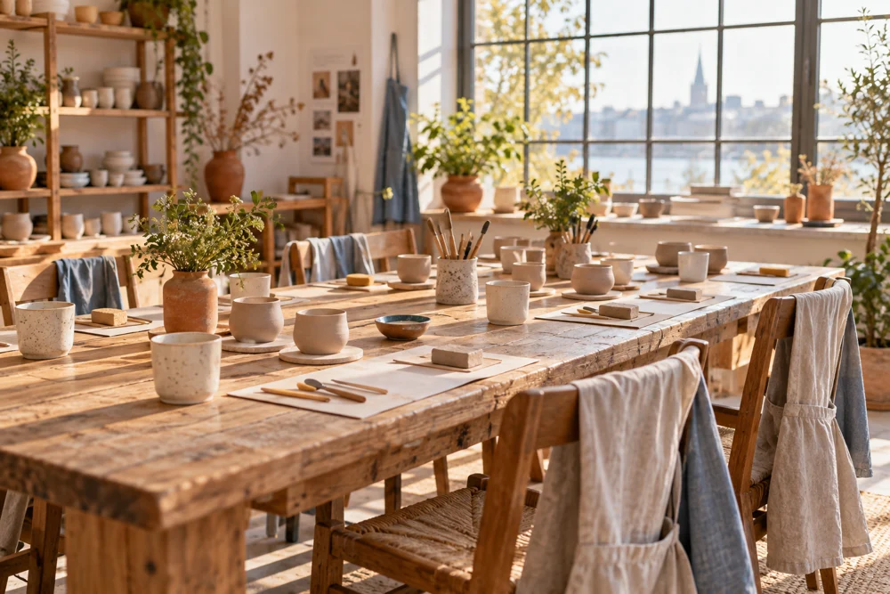 Manos moldeando tazas de arcilla en una mesa de taller con luz cálida, herramientas de madera y cerámica sin terminar.
