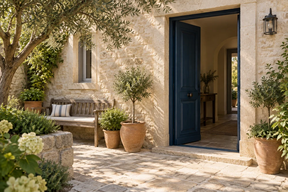 A sunlit stone guesthouse courtyard with a dark blue entrance door, bench, and potted plants.