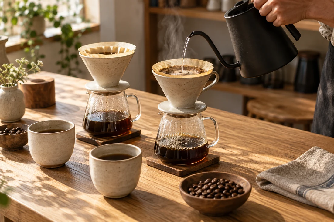 Hands brewing pour-over coffee at a warmly lit coffee workshop table with a kettle, glass dripper, and ceramic cups.