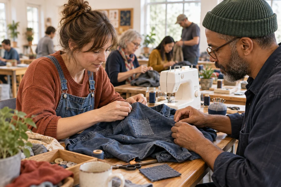 Volunteers mending a denim jacket together at a community repair event