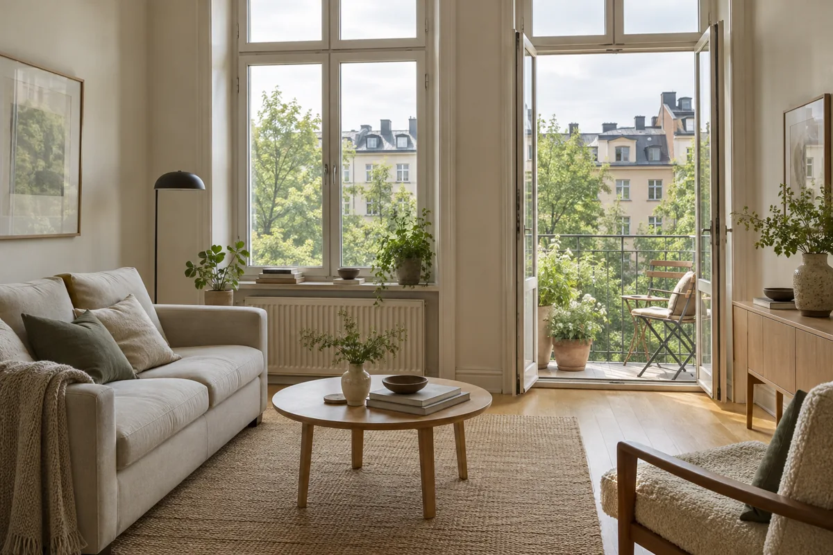 Bright living room with a sofa, oak floor and open door to a private balcony.