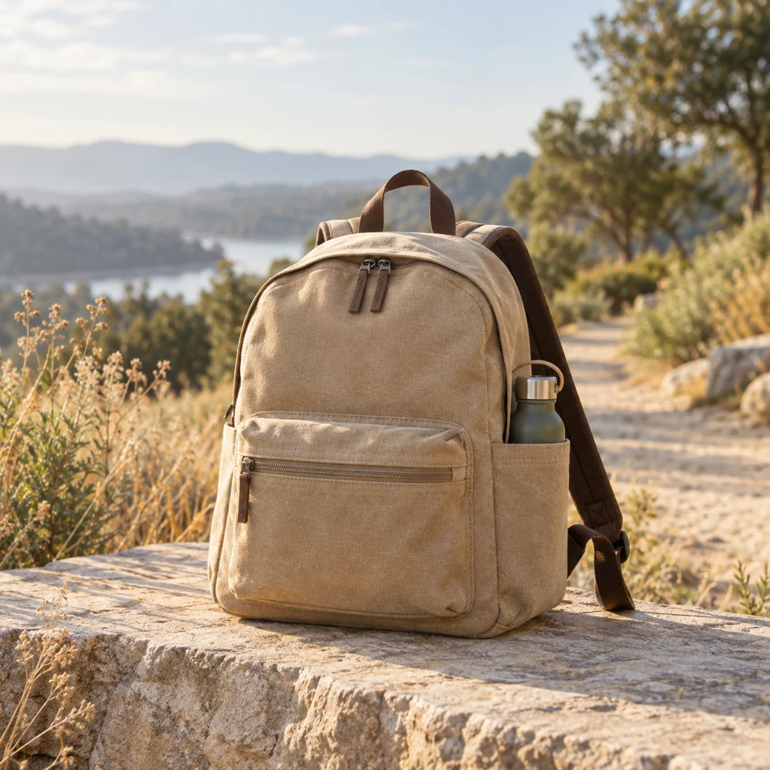 A sand-colored Fieldwork day bag on a stone ledge beside a walking trail, with a bottle in its side pocket.